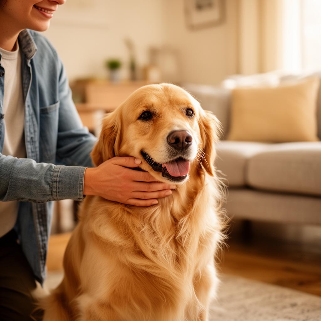 A happy golden retriever being lovingly petted by a caring person