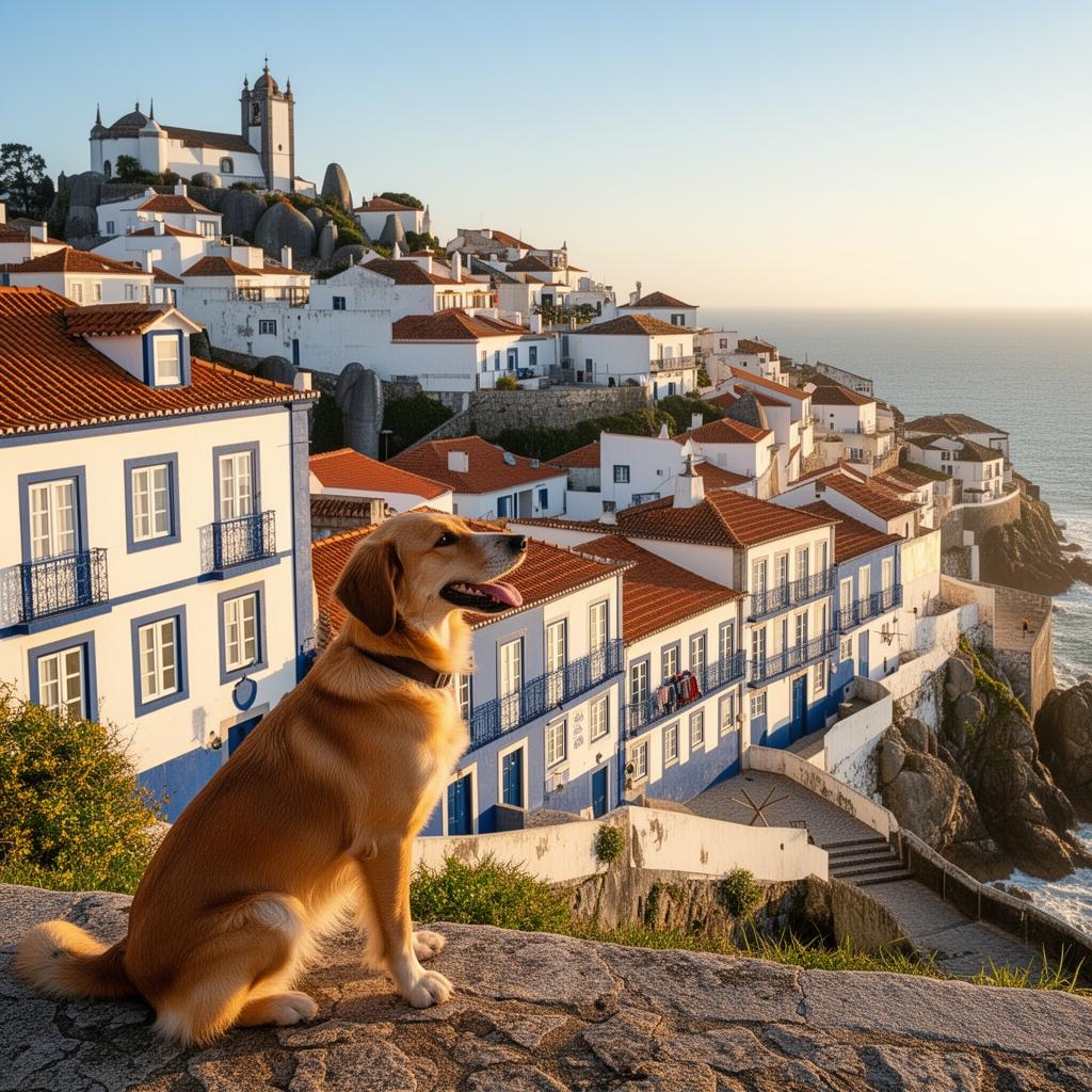 A dog overlooking a beautiful Portuguese coastal village